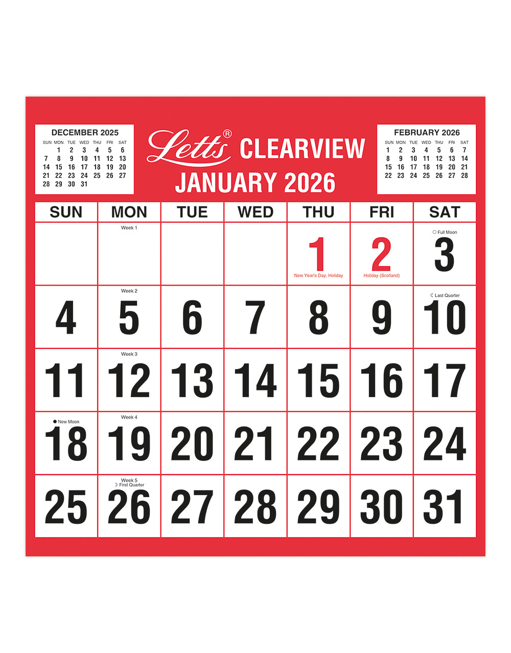 Letts Business Clear View Monthly Wall Planner 2026 26-TCMC #colour_red-black