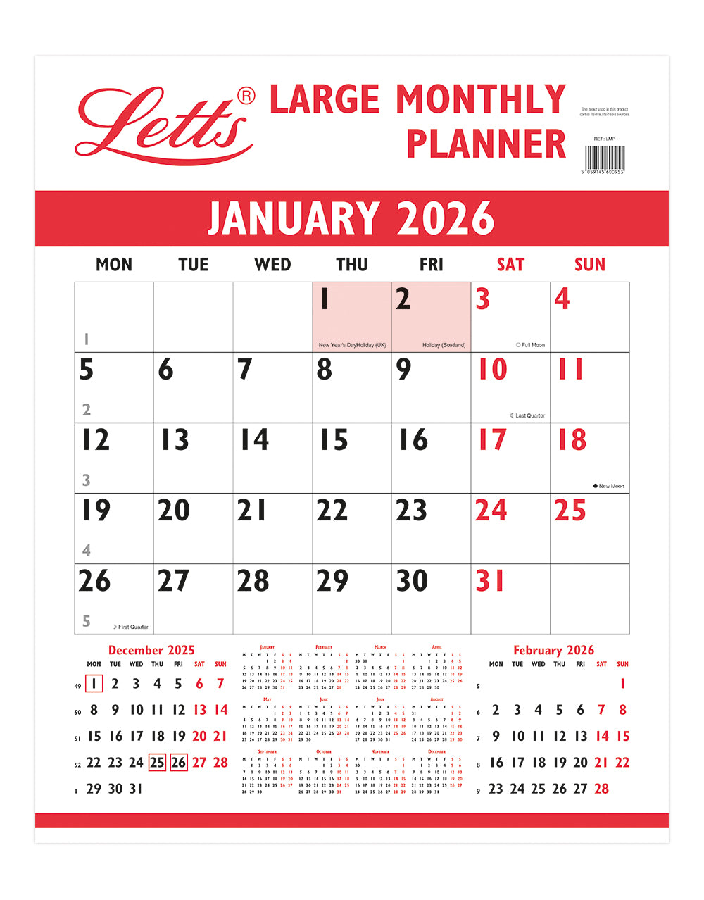 Letts Business Large Monthly Wall Planner 2026 26-TLMP