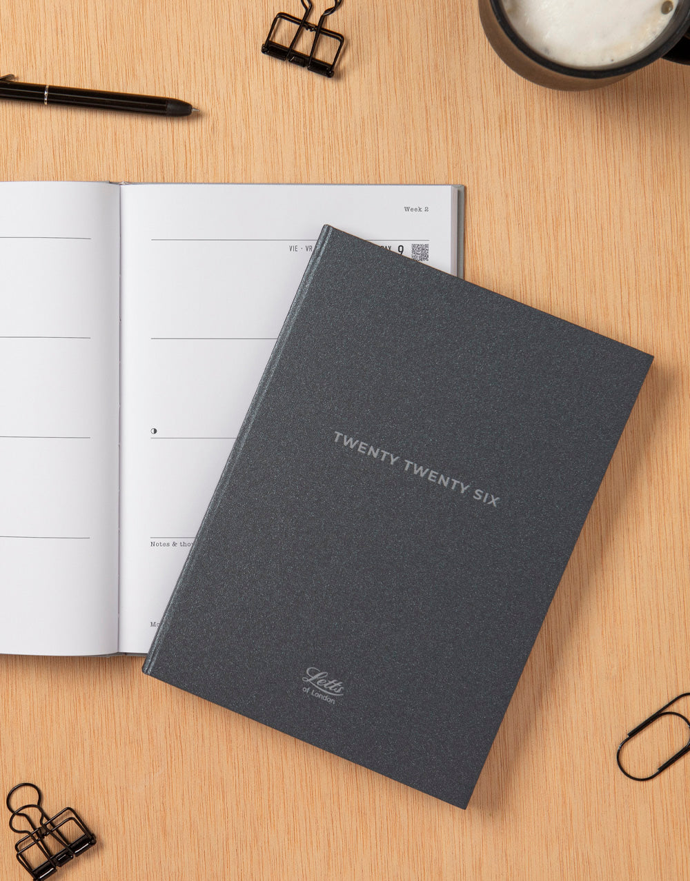 Letts of London Titanium A6 Day to a Page Diary with Appointments 2026 - Multilanguage Charcoal 26-082592 #colour_silver